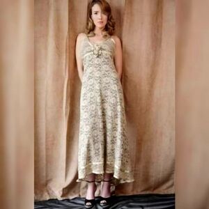 GOLDEN TAN-Lace Cocktail Dress with golden trim rose detail.